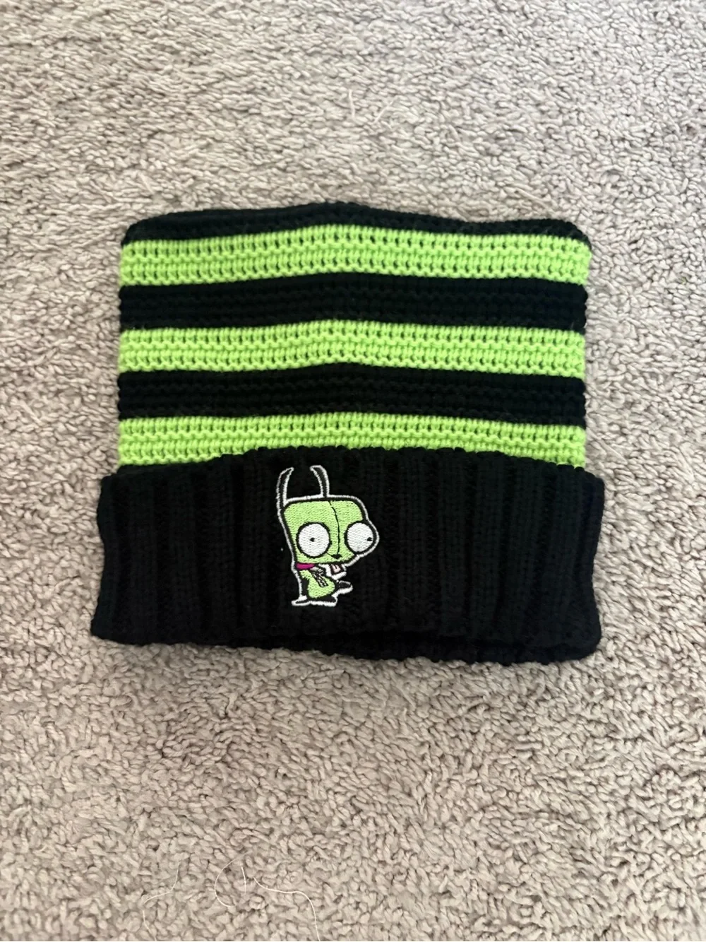 Kids Black & Lime Green Striped Beanie Hat with Cartoon Patch